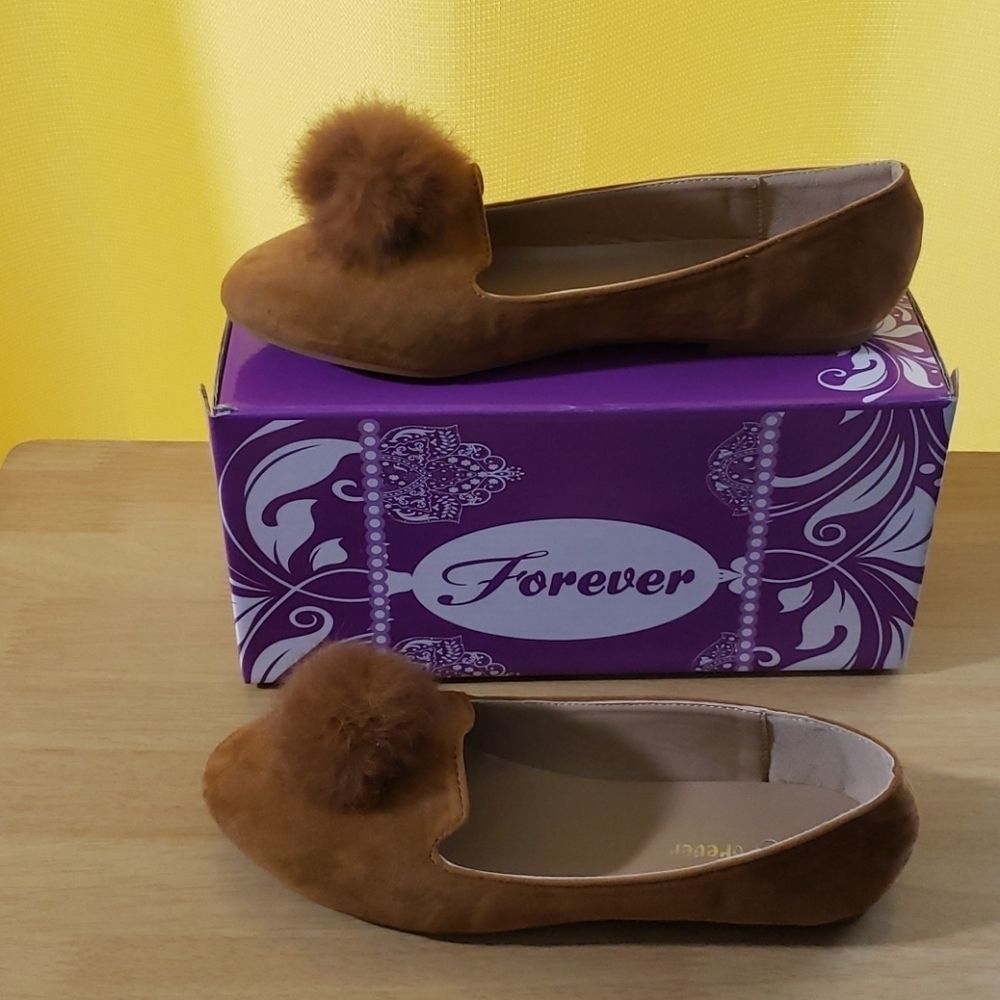 Forever Tan Flat Shoes with Pom-pom - Picture 1 of 4